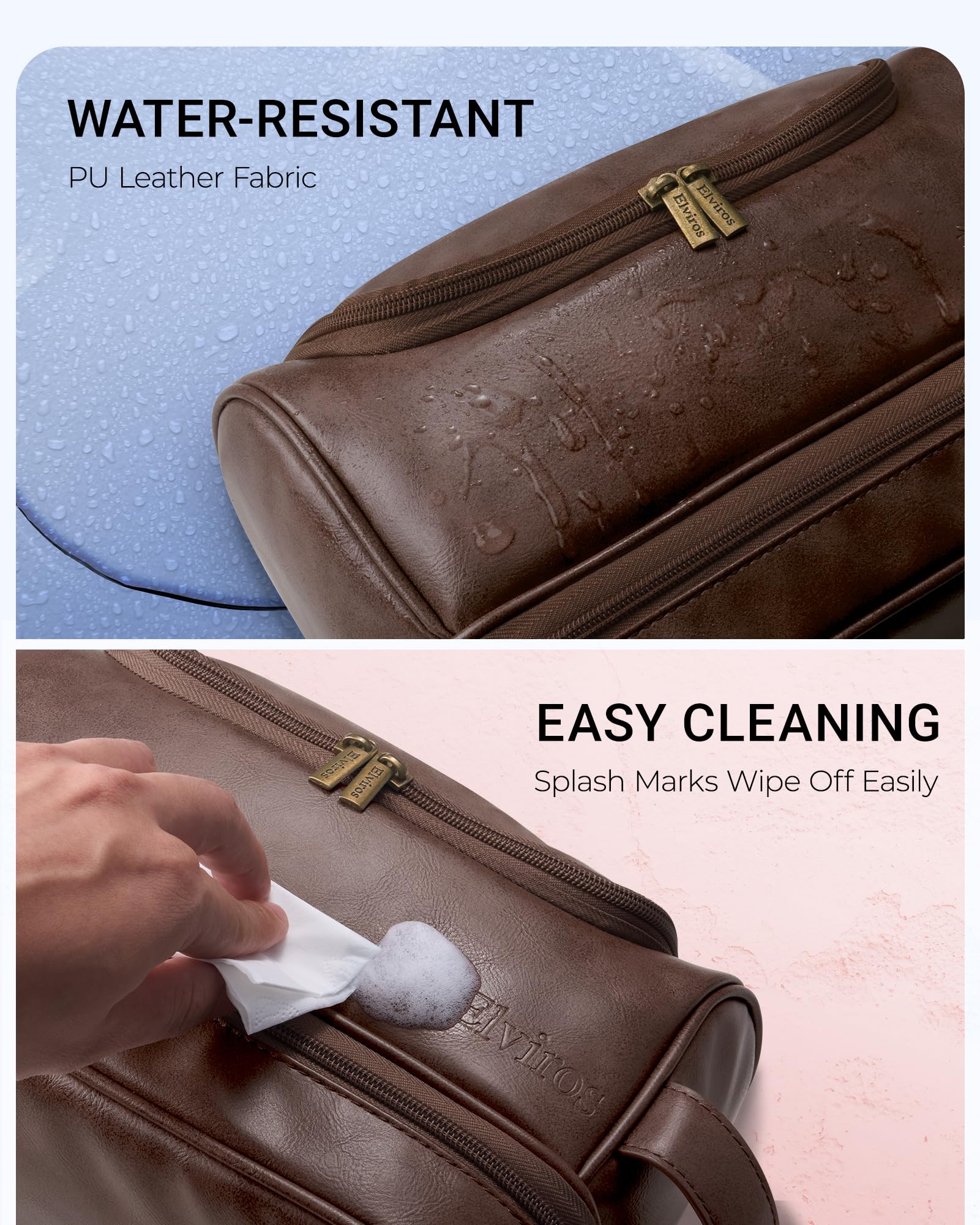 Elviros toiletry bag coffee sturdy PU leather emphasizes premium durability