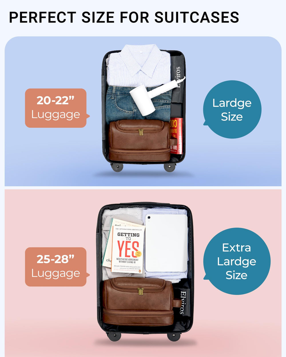 Elviros toiletry bag dimensions 13-5-8-7 demonstrates generous travel capacity