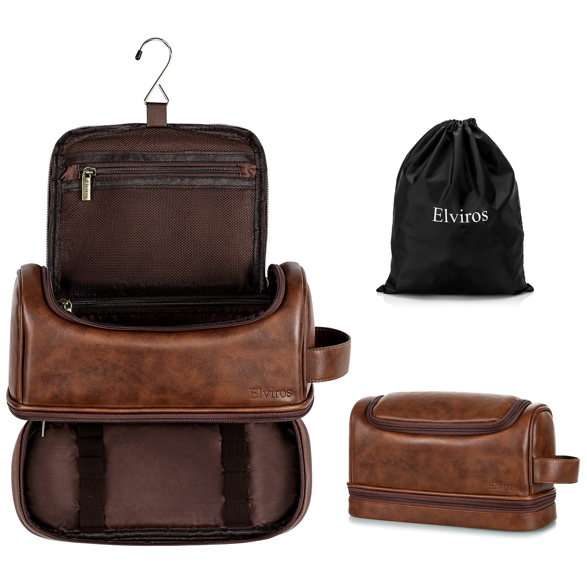 Elviros toiletry bag dark brown front view showing durable PU leather for travel
