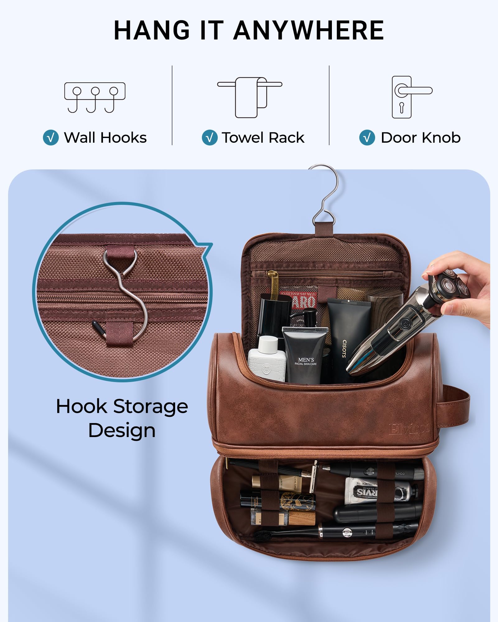 Elviros bag with hanging hook for versatile bathroom setup.