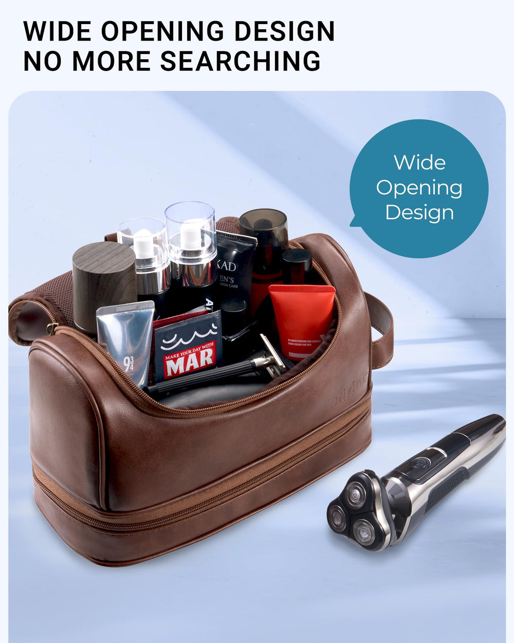 Elviros toiletry bag open compartments organized for toiletries and cosmetics