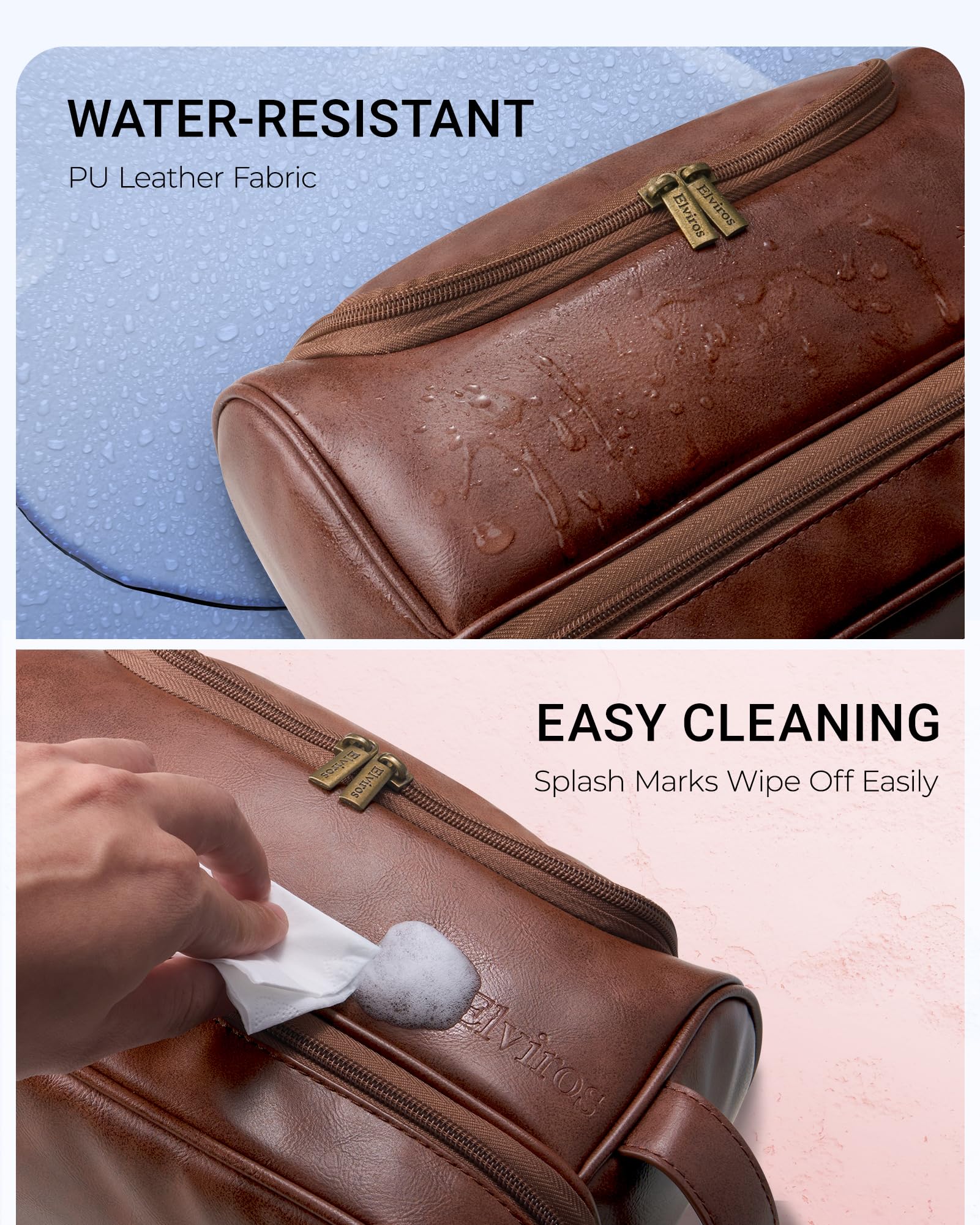 Elviros toiletry bag top opening for quick item access during trips