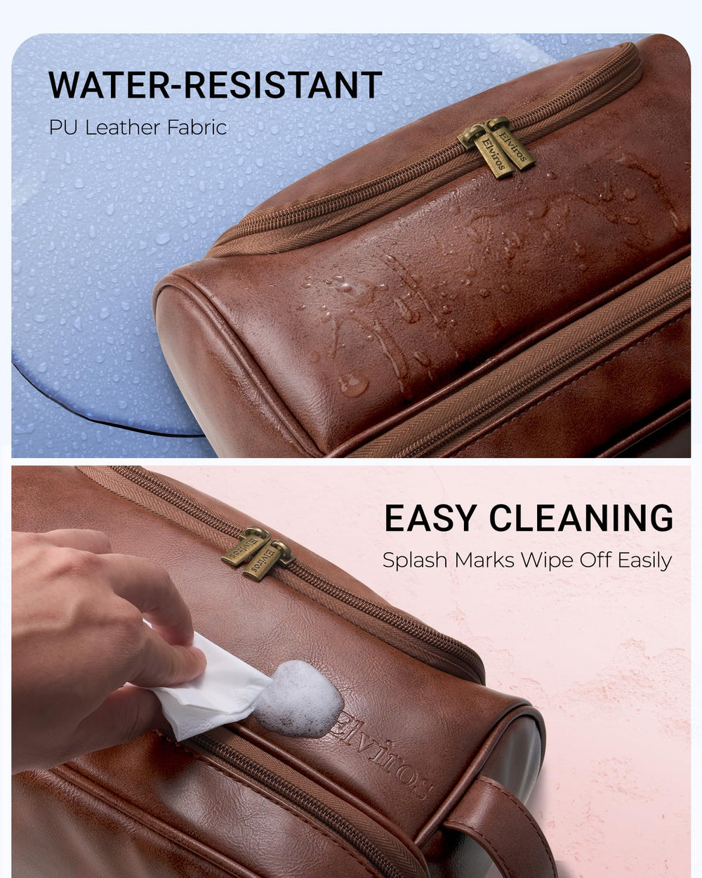 Elviros toiletry bag top opening for quick item access during trips