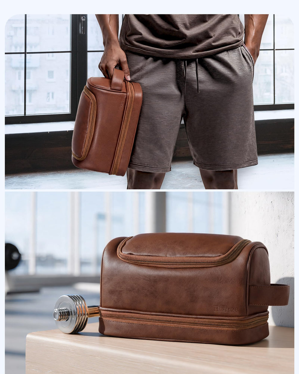 Elviros dark brown bag in travel scenario like gym or vacation.
