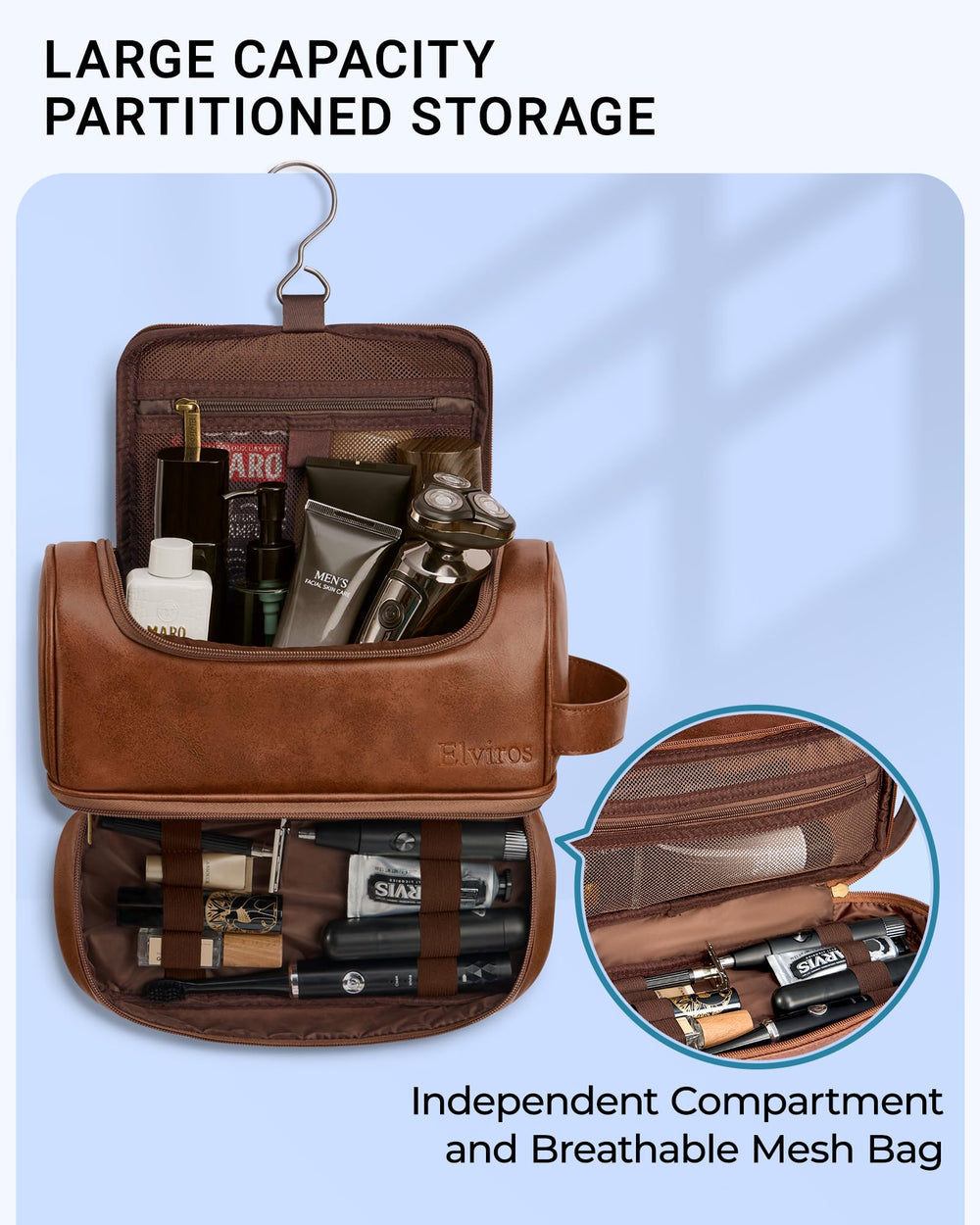 Elviros 12x7 inch bag shows generous capacity for toiletries and cosmetics.