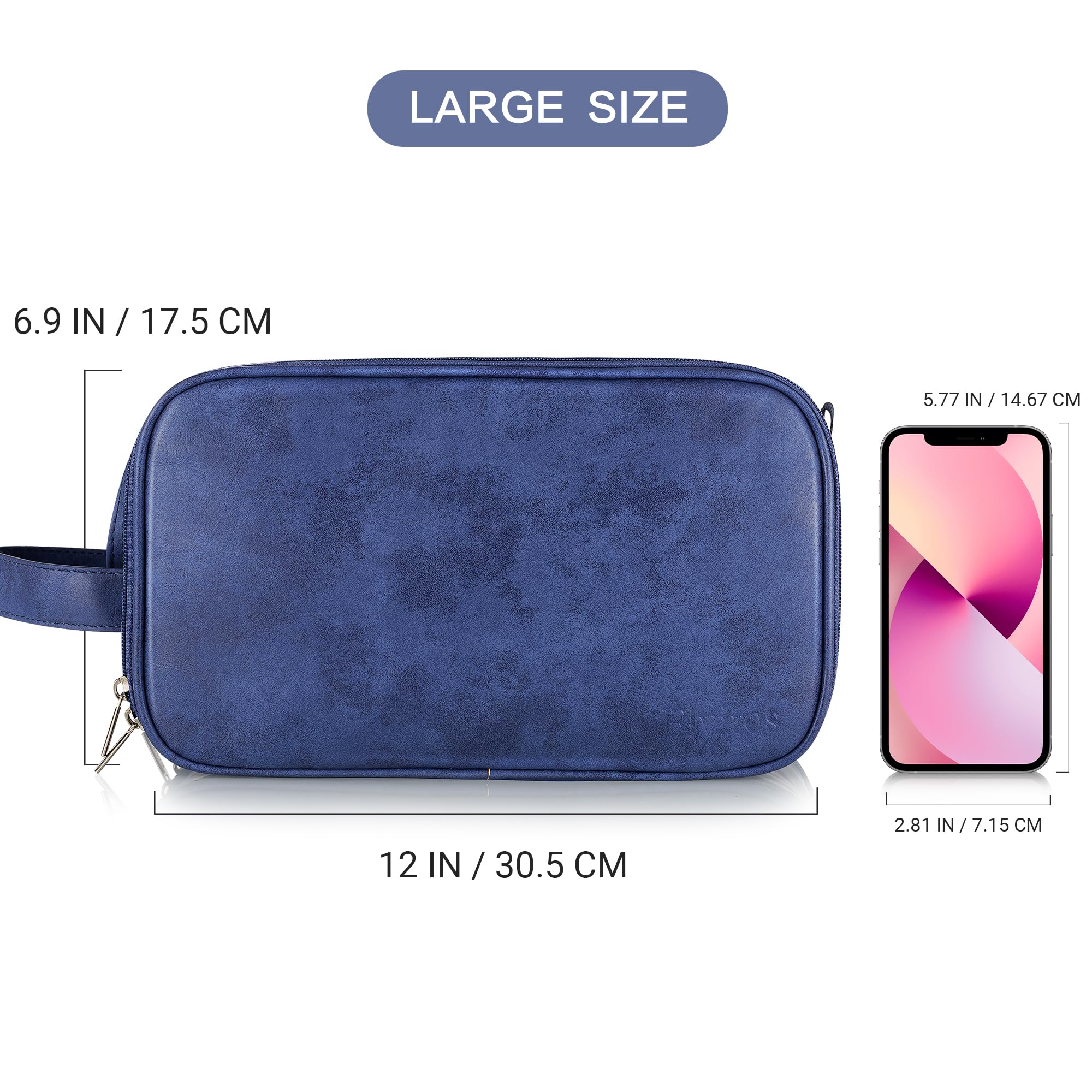 Elviros toiletry bag dimensions label demonstrates generous capacity for travel bottles.