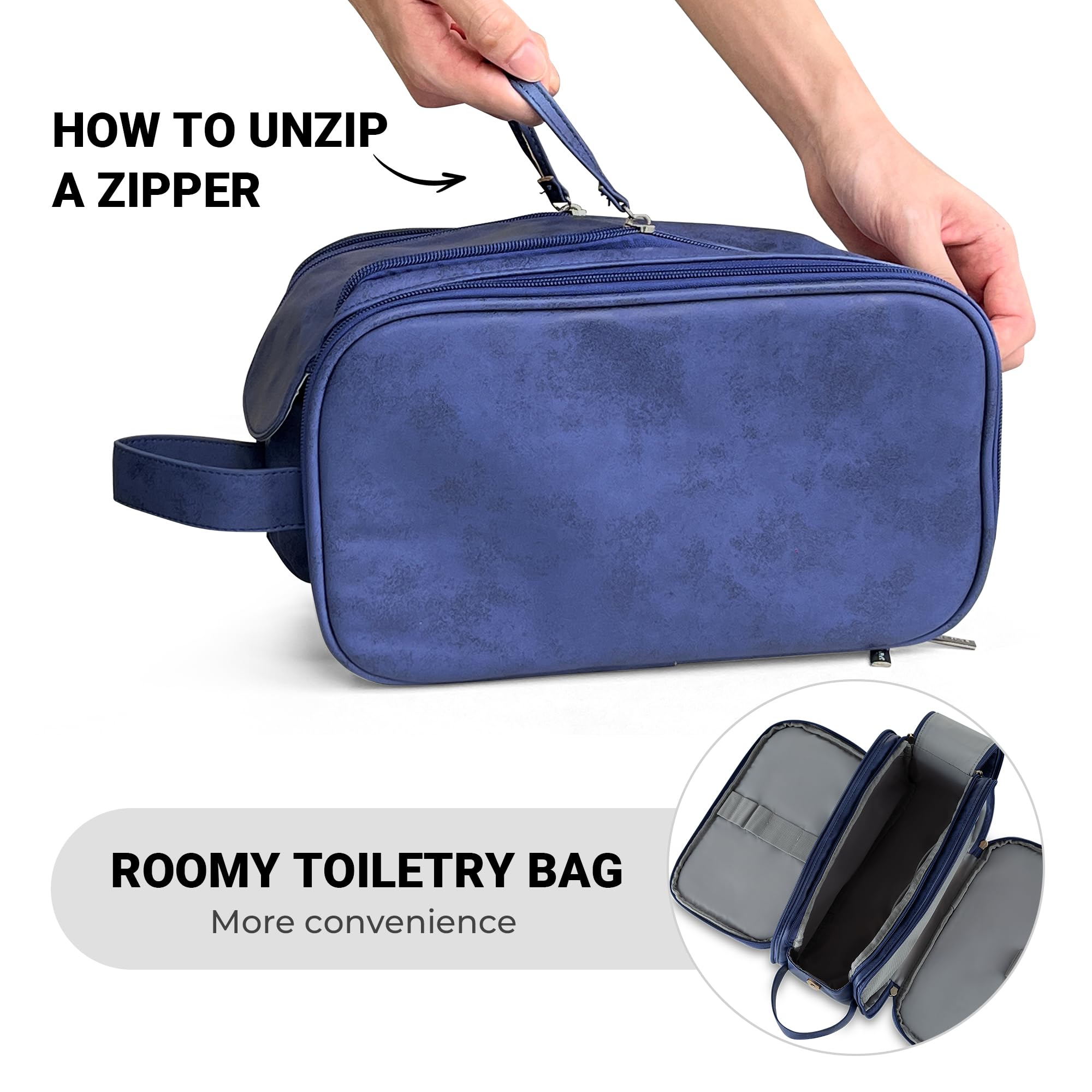 Elviros toiletry bag double zipper opening feature enables quick access to contents.