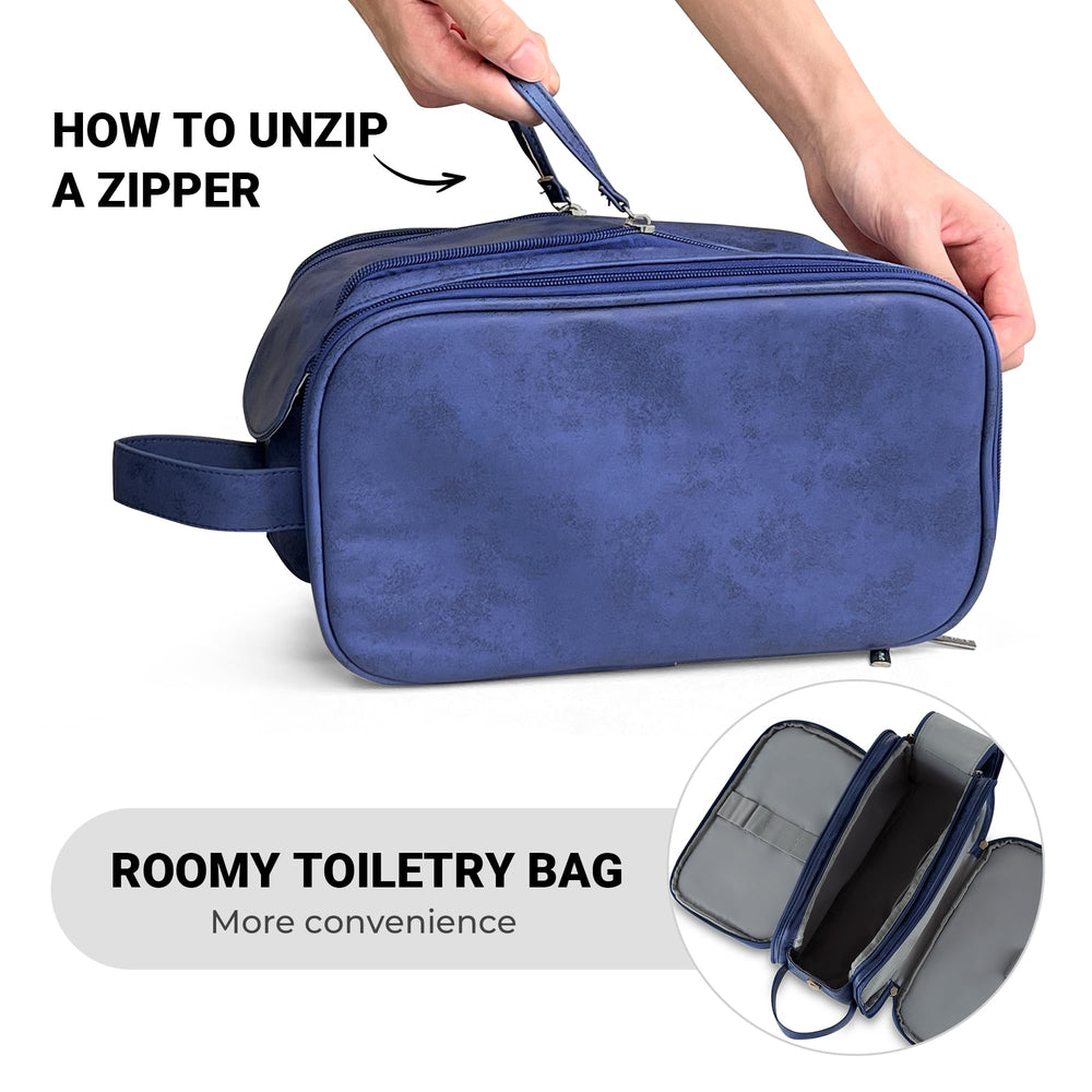 Elviros toiletry bag double zipper opening feature enables quick access to contents.