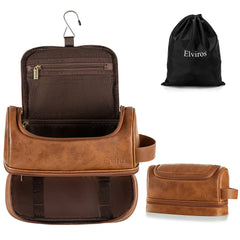 Elviros Toiletry Bag with hanging hook in brown provides hands-free bathroom access.