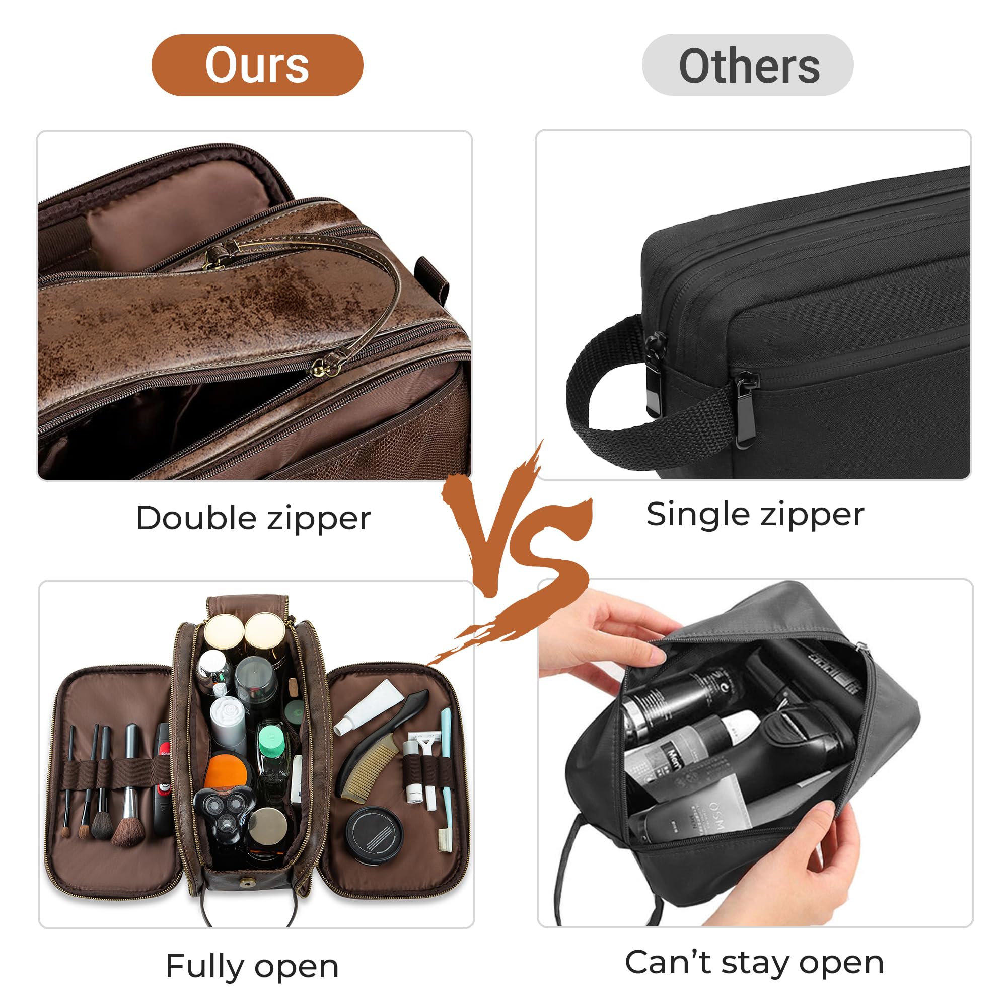Elviros Toiletry Bag interior pockets neatly organize grooming essentials.