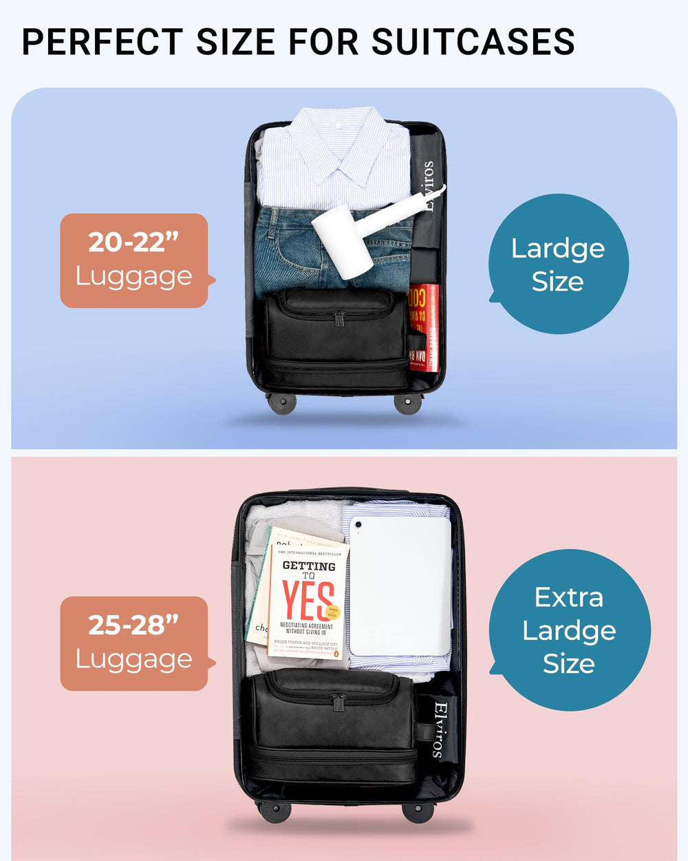 Elviros large-capacity interior organizes toiletries with multiple pockets for easy packing.