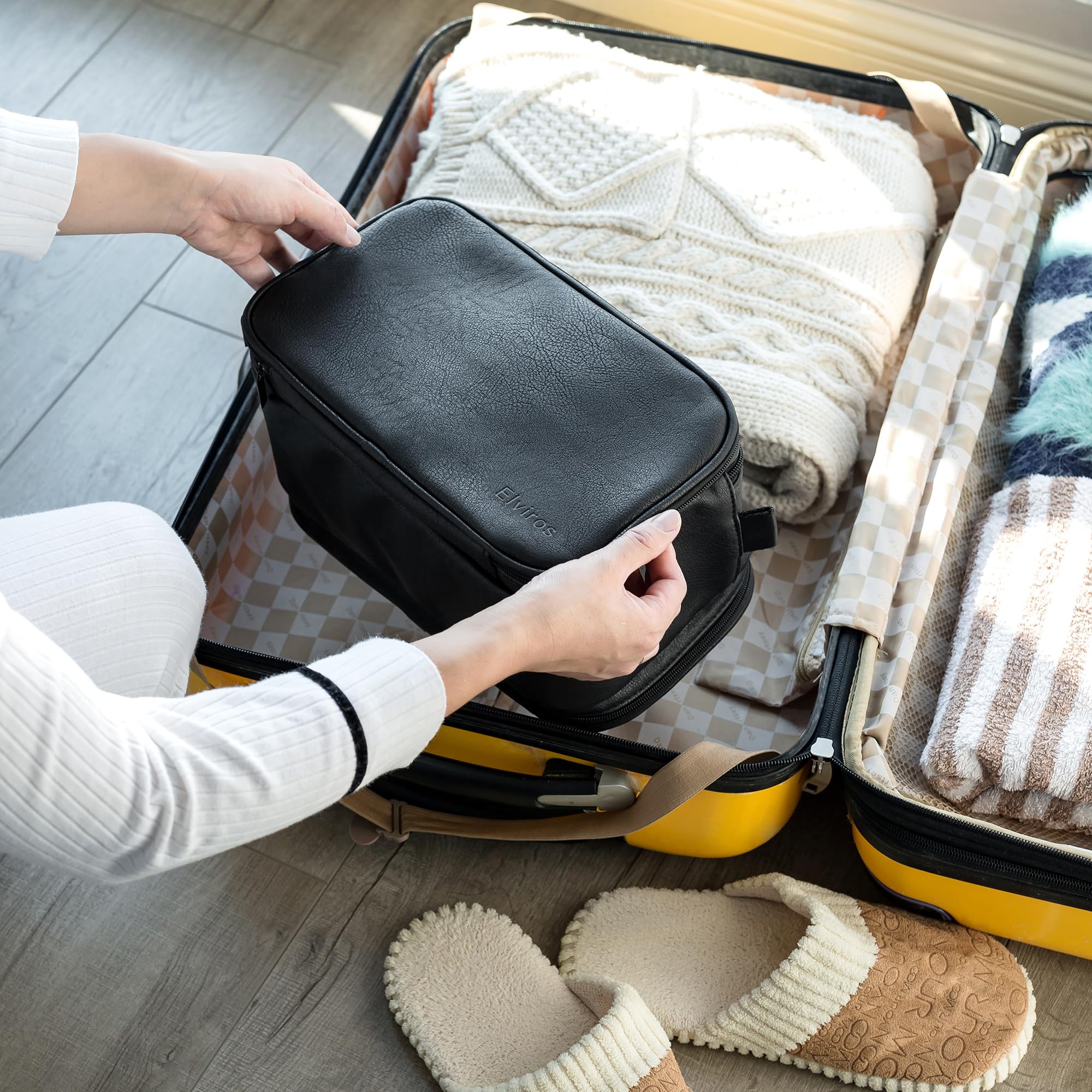 Elviros large capacity layout fits shaving kit, toiletries, and accessories