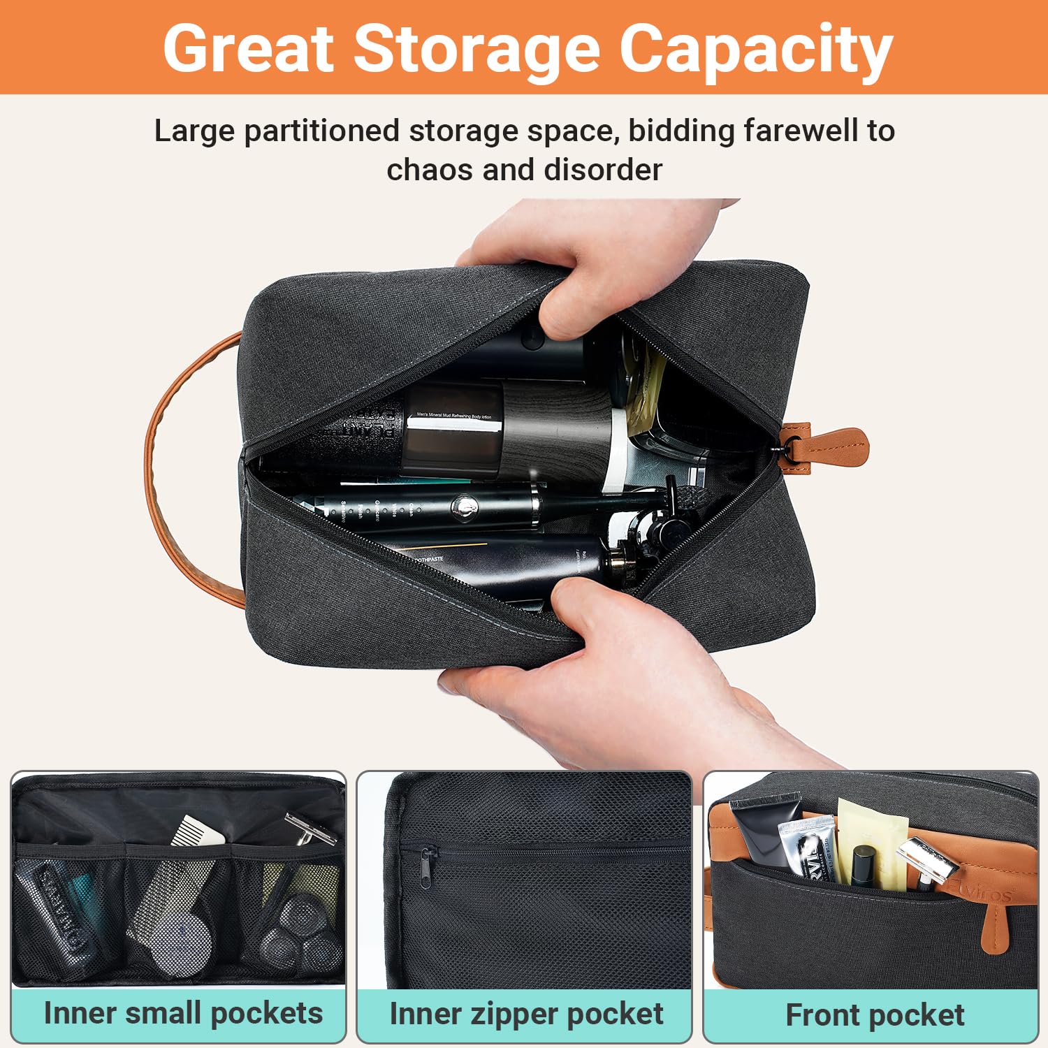 Elviros toiletry bag leather-appearance close-up highlights premium PU leather for durable travel styling.