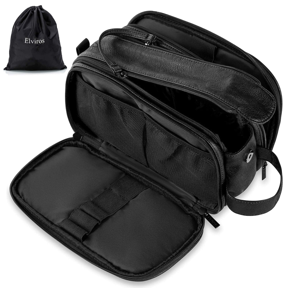 Elviros toiletry bag front view shows organized travel-ready storage in durable black PU leather