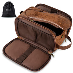 Elviros Toiletry Bag for Men in dark brown shows premium PU leather for organized travel grooming.