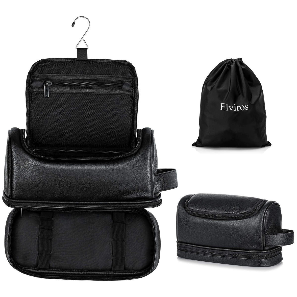 Elviros toiletry bag in PU leather, closed view highlights premium travel durability.
