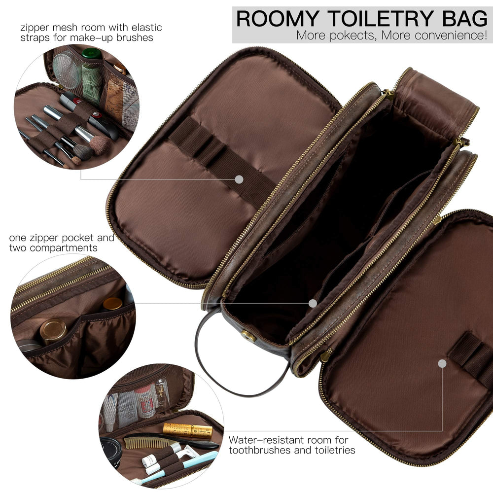 Elviros Toiletry Bag PU leather close-up highlights durable material.