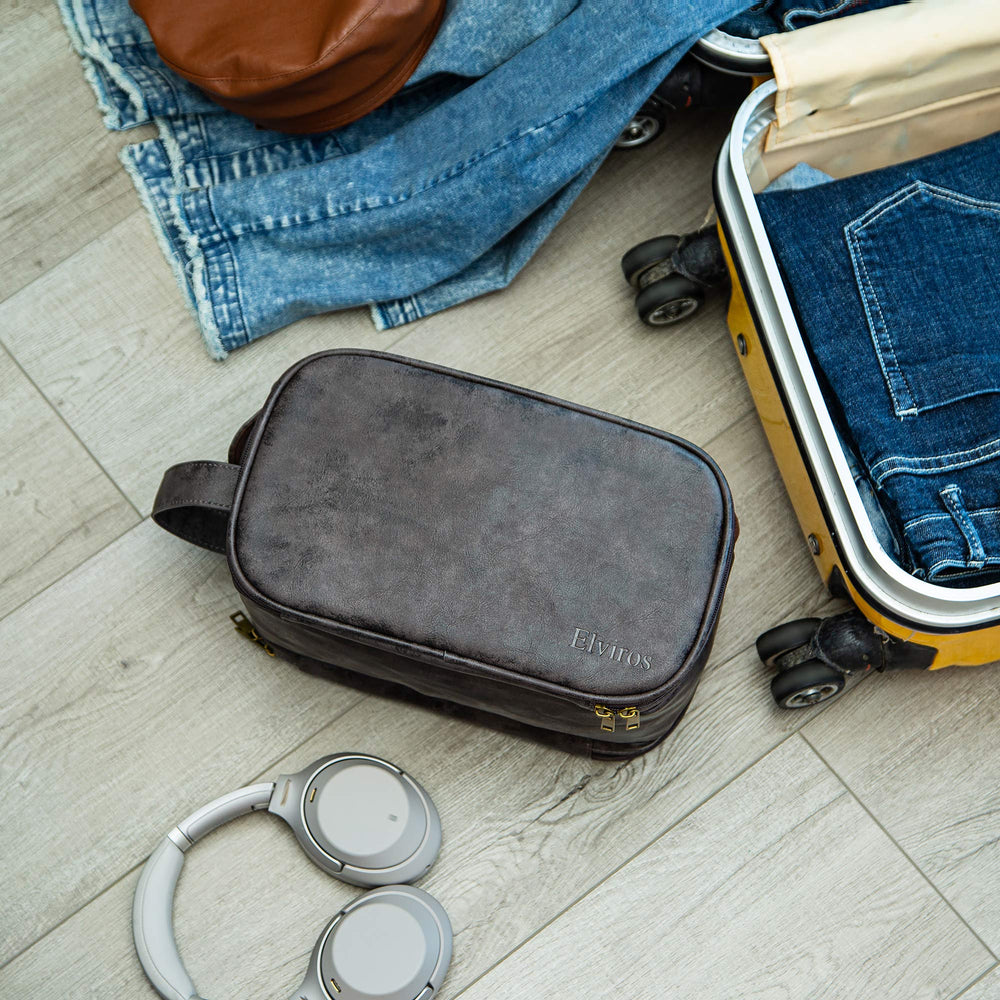 Elviros toiletry bag PU leather detail blends durability with sleek travel style