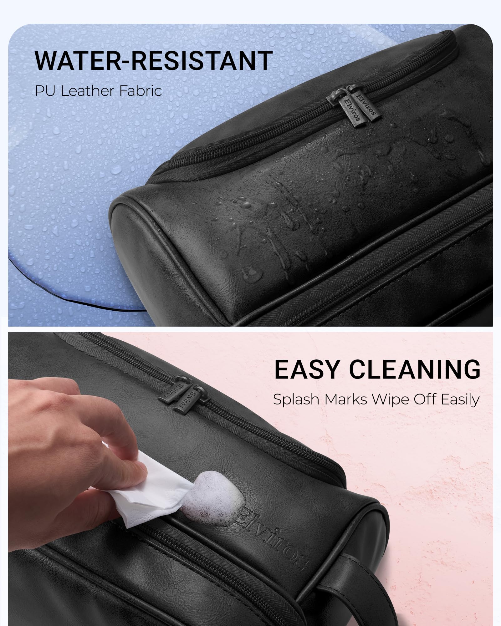 Elviros side-leather handle and top opening enable quick access on the go.