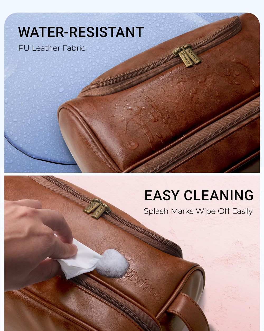 Elviros side leather handle offers secure carrying and easy detachment.