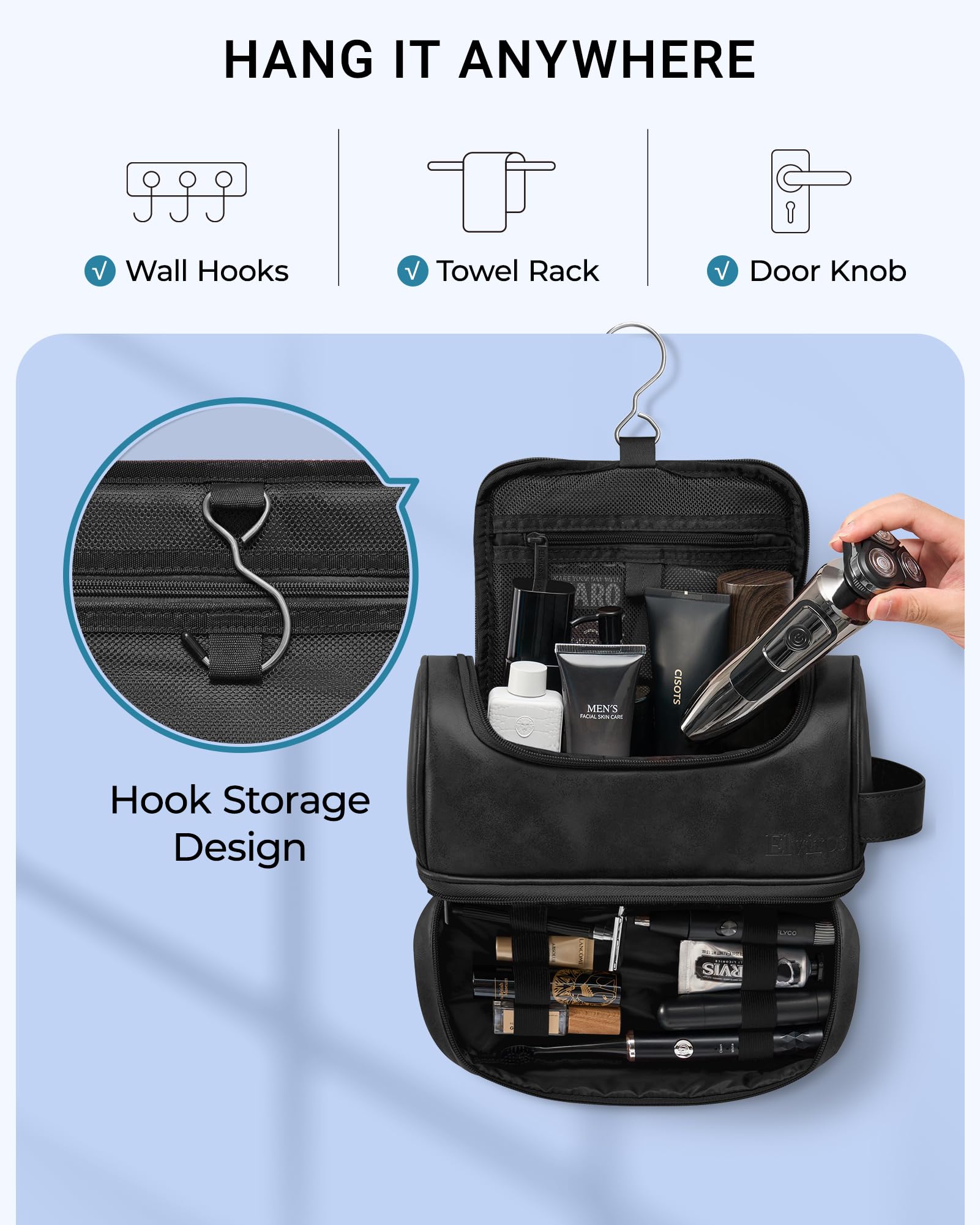 Elviros swivel-hook hanging feature offers versatile setup in bathroom or locker.