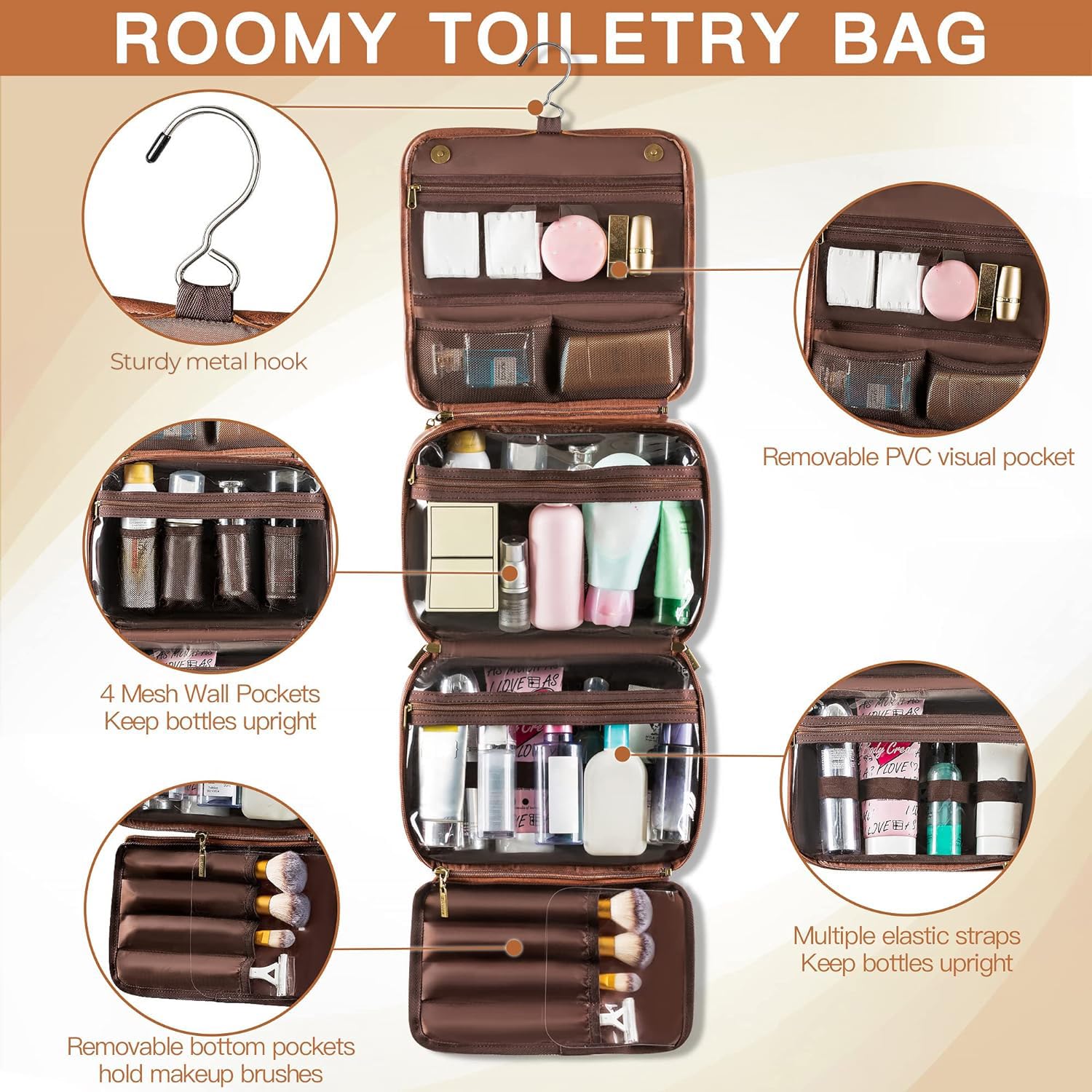 Elviros travel kit features top handle and swivel hook for easy hanging.