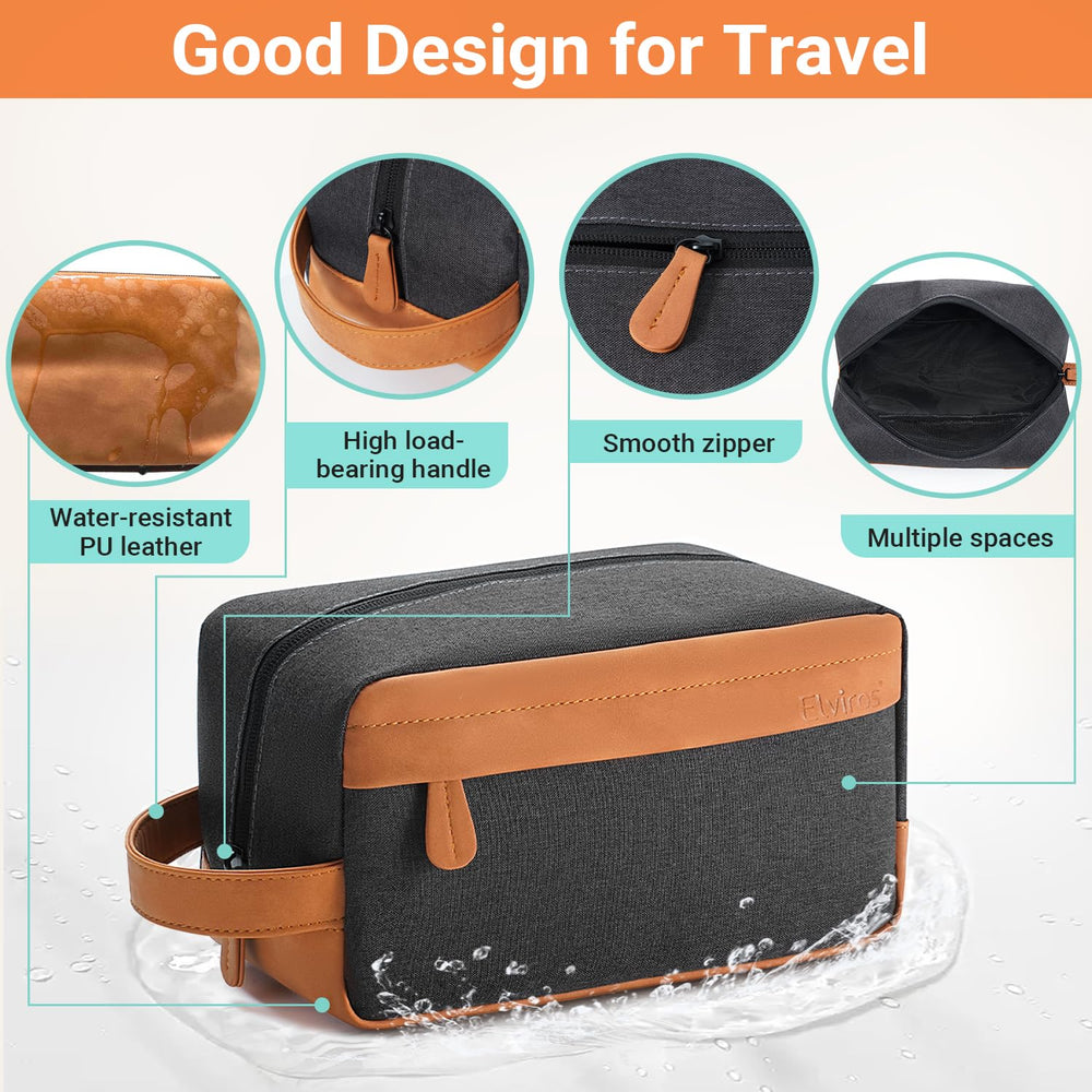 Elviros travel toiletry bag dimension-compact illustrates space-saving packing and quick loading.