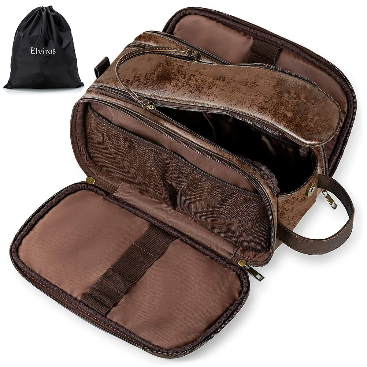 Elviros travel toiletry bag with open lid for quick, organized access.