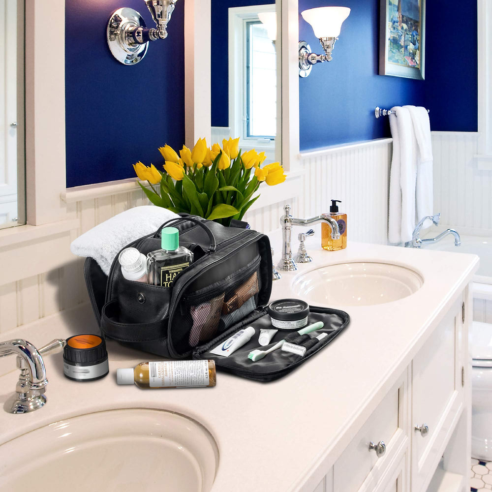 Elviros Travel Toiletry Bag Water-Resistant Material protects contents in shared bathrooms.
