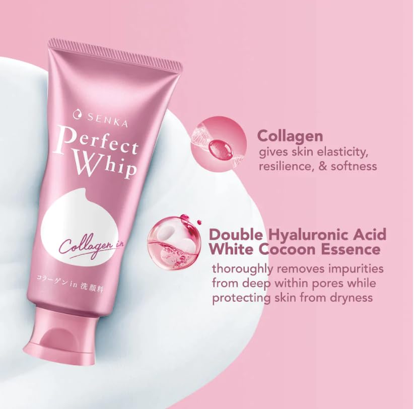 EMBEAUTY SENKA Perfect Whip Collagen foam closeup highlights rich lather for soft skin