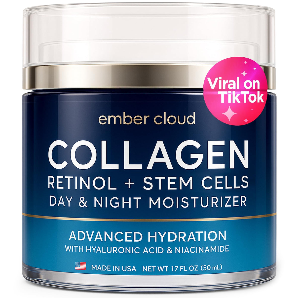 Ember Cloud Collagen face cream bottle highlighting day and night hydration for all skin types.