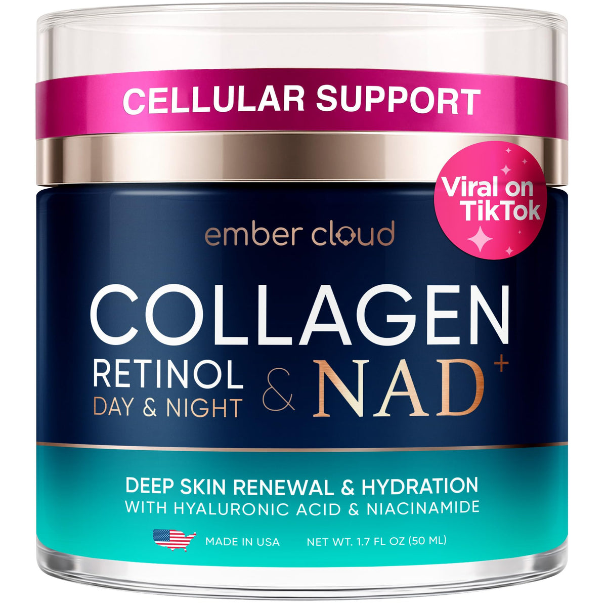 Ember Cloud Collagen NAD+ Cream packaging with airless pump preserves potency.