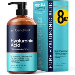 Ember Cloud Hyaluronic Serum bottle front promotes hydrated, plump-looking skin.