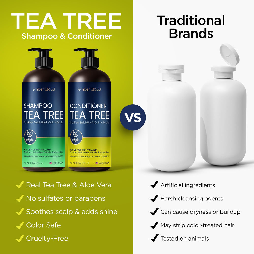 Ember Cloud Tea Tree Rosemary healthy-hair routine image shows shiny, smooth strands.