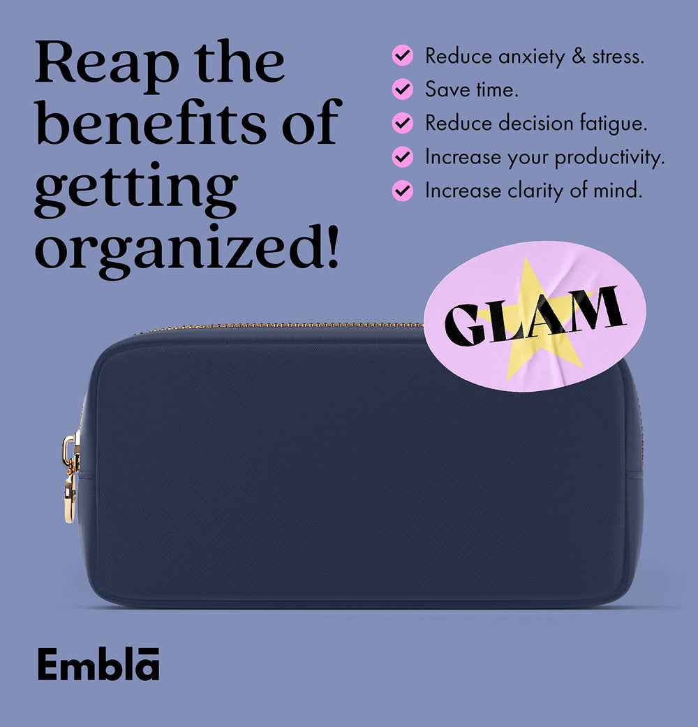 Embla makeup bag sapphire color closeup highlights fashion-forward travel accessory.