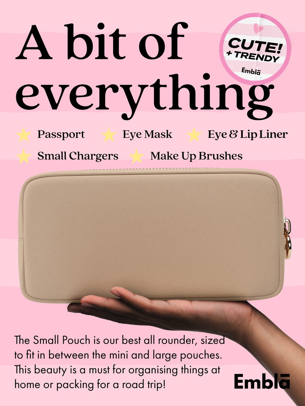 Embla makeup bag sand inside layout highlights flexible pockets for brushes and skincare.