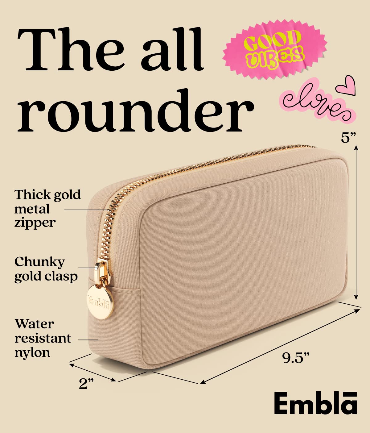 Embla makeup bag sand open compartments demonstrates easy access and organization.