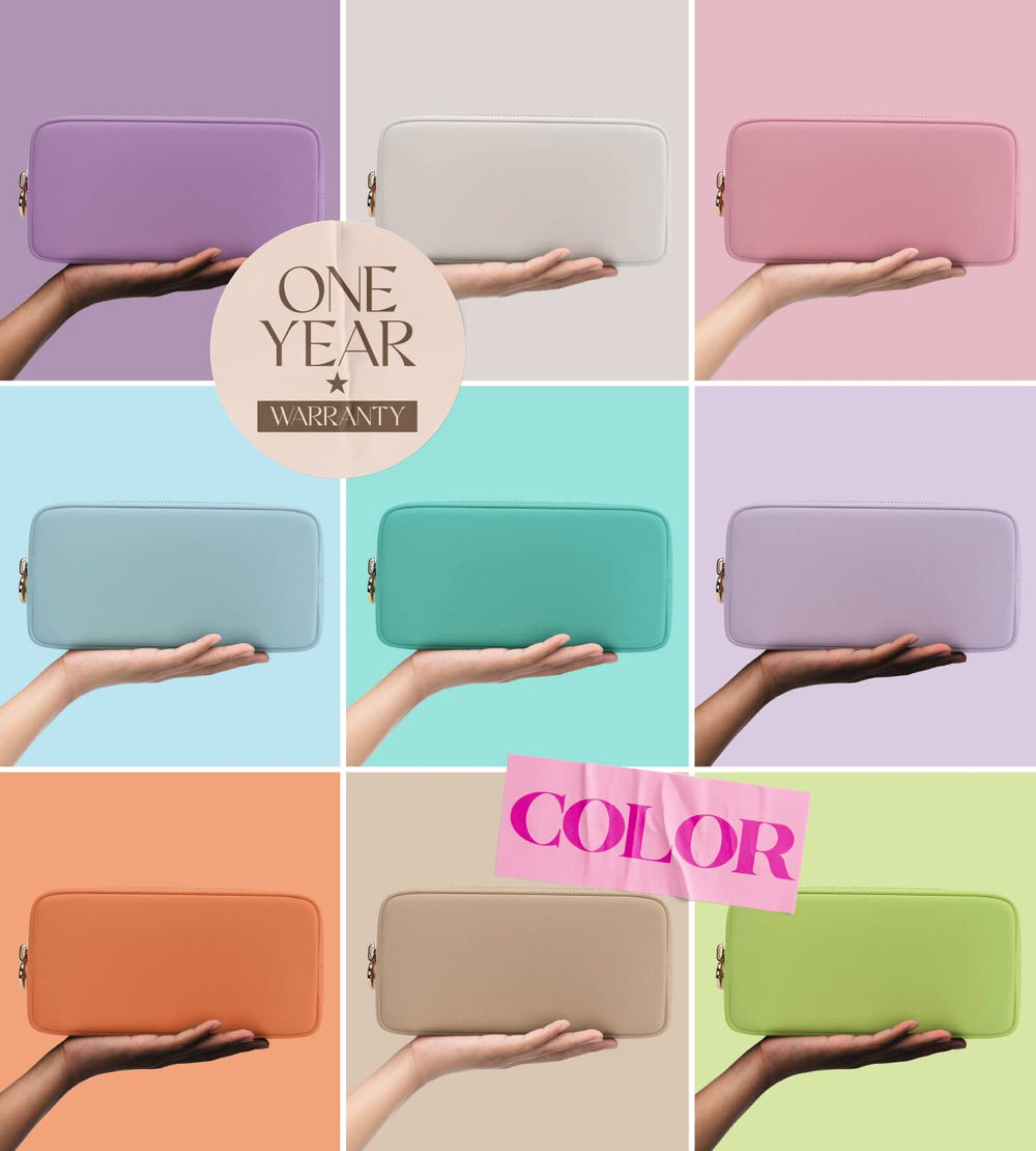 Embla makeup bag sand side shot conveys lightweight travel companion and portability.