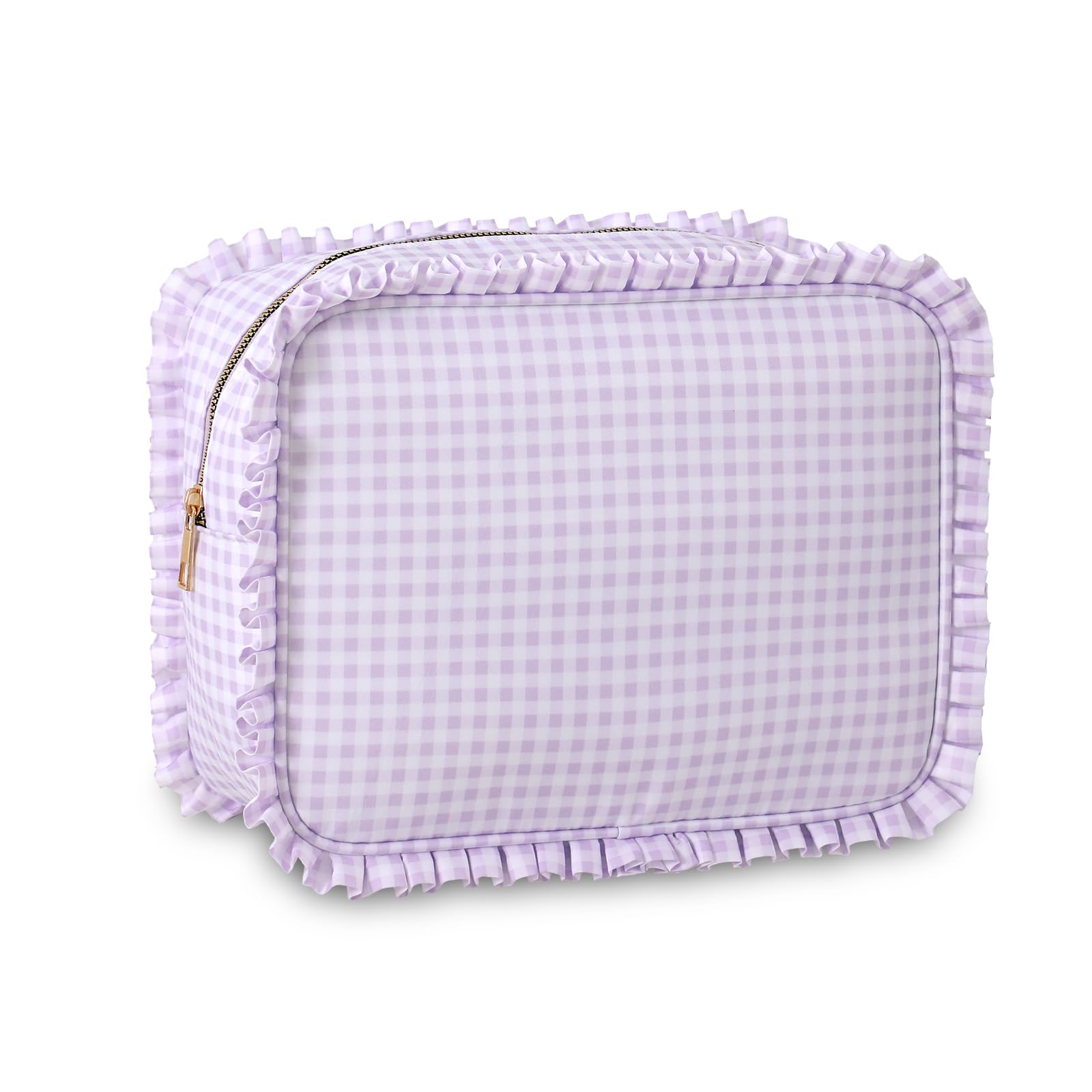 Embrunioice gingham ruffle bag front view shows travel-ready style.