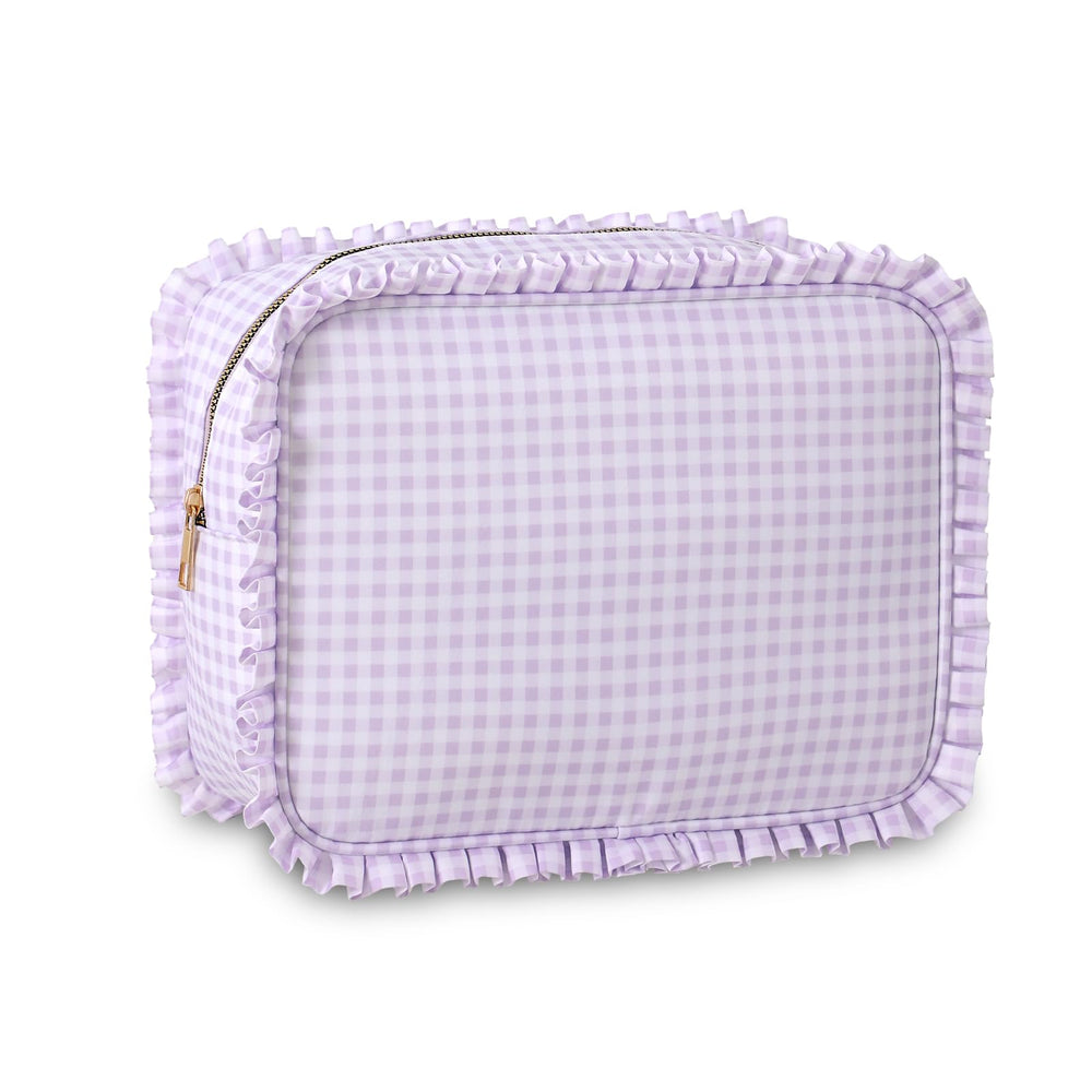 Embrunioice gingham ruffle bag front view shows travel-ready style.