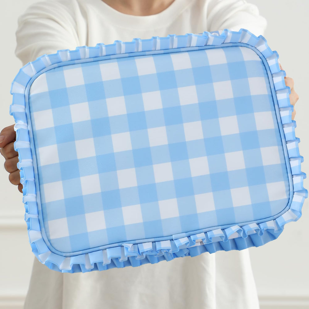 EMBRUNIOICE Gingham Ruffle Makeup Bag durable nylon material for everyday use.