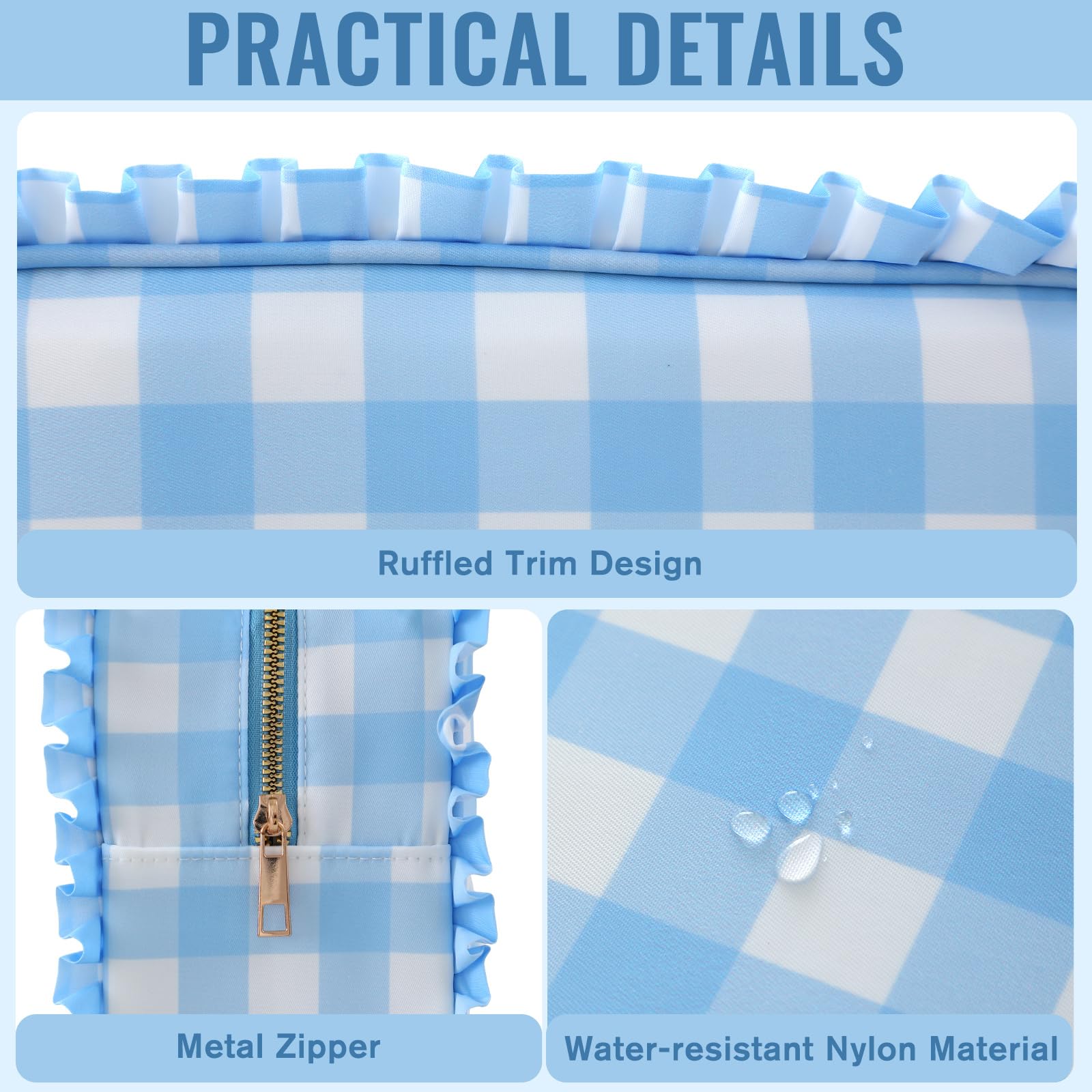EMBRUNIOICE Gingham Ruffle Makeup Bag interior shows roomy compartments for cosmetics.