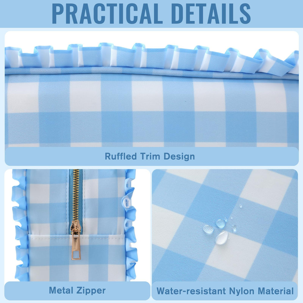 EMBRUNIOICE Gingham Ruffle Makeup Bag interior shows roomy compartments for cosmetics.