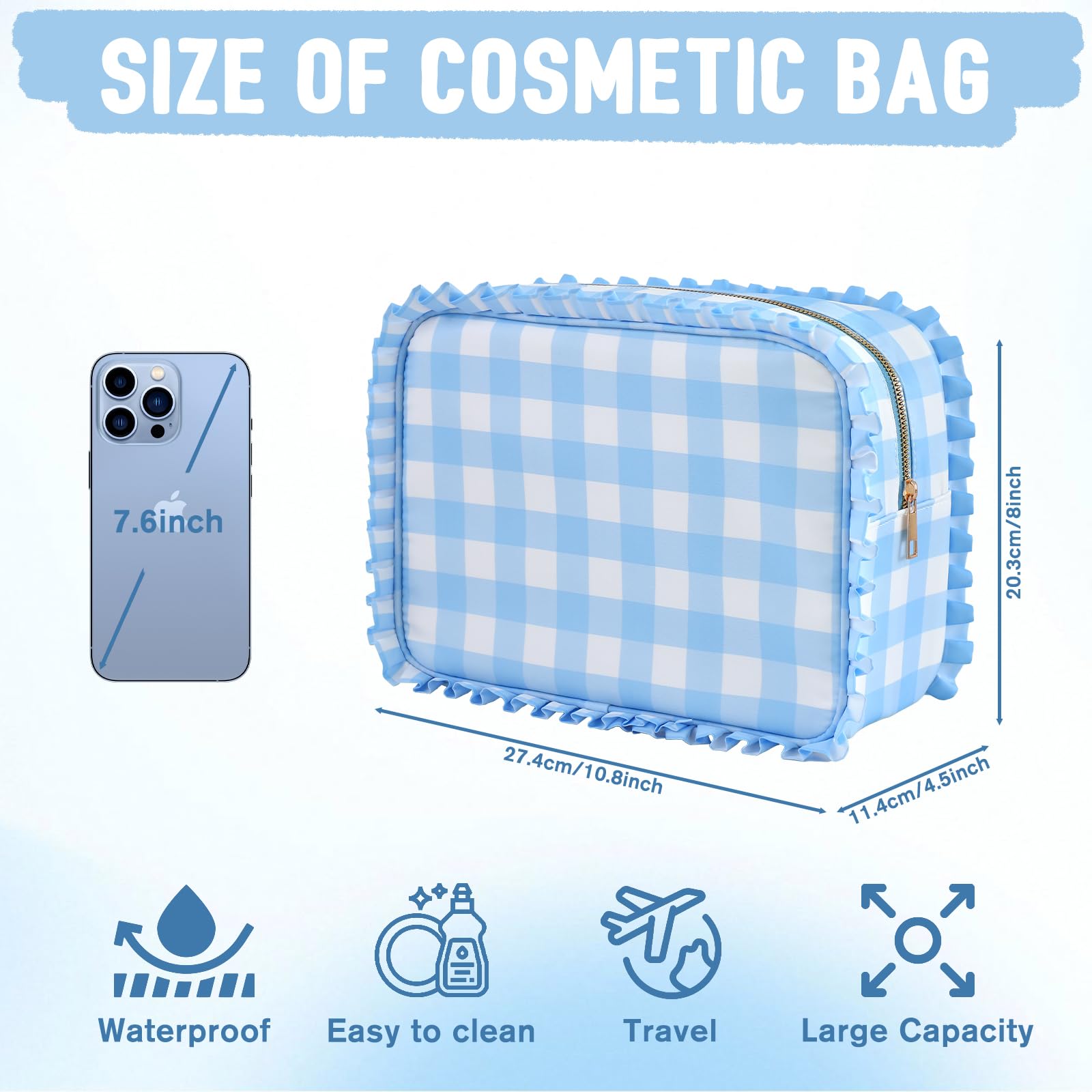 EMBRUNIOICE Gingham Ruffle Makeup Bag travel size ideal for toiletries.