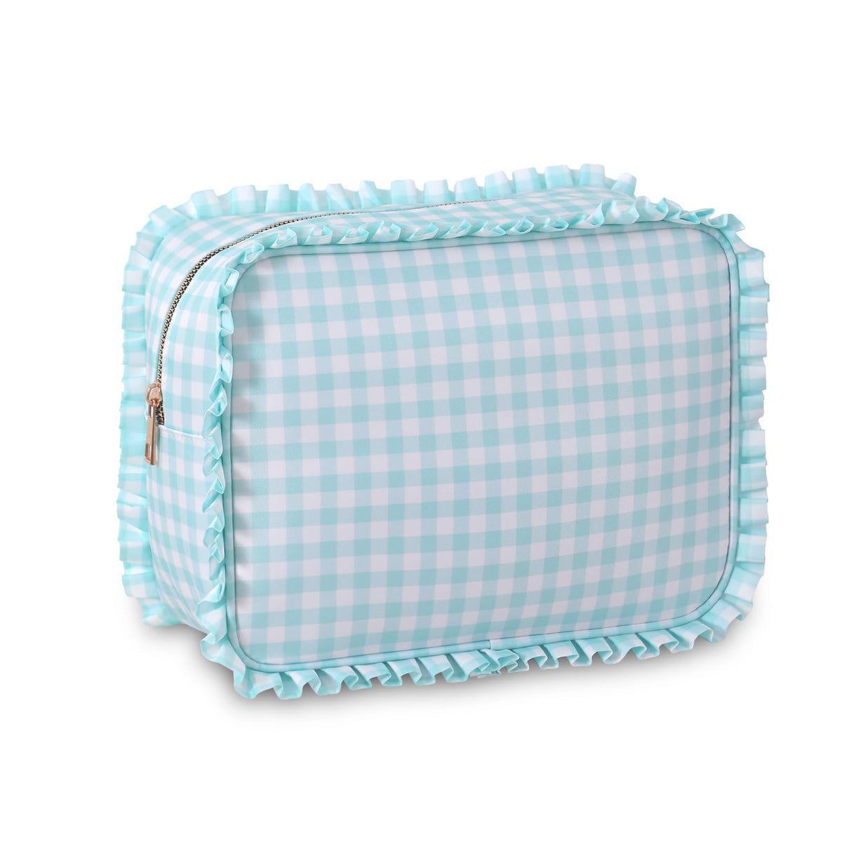 EMBRUNIOICE gingham ruffle makeup bag mint for cosmetic organization