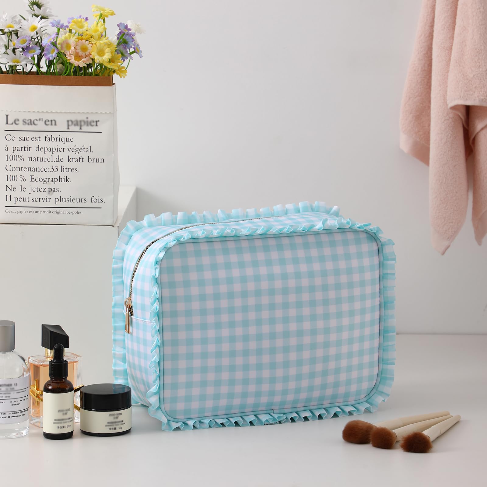 EMBRUNIOICE large travel cosmetic bag mint shows roomy capacity for full-sized products