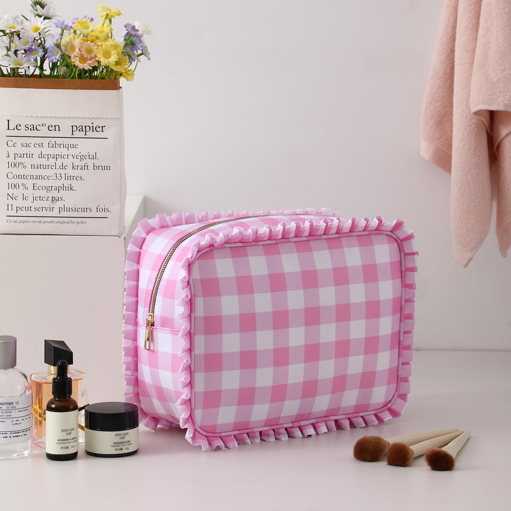 EMBRUNIOICE makeup bag open shows roomy interior for full-size cosmetics.