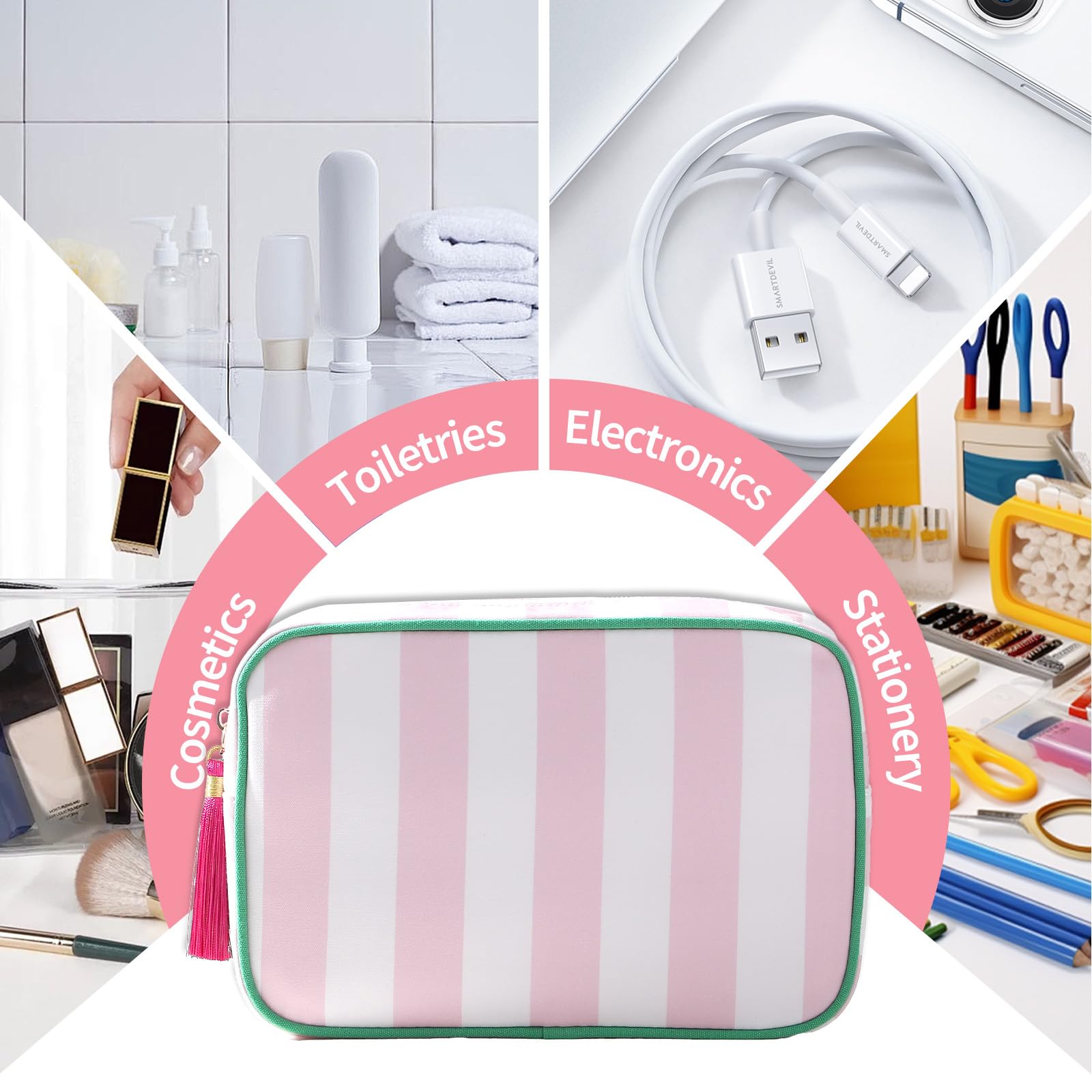 EMBRUNIOICE stripe makeup bag dimensions 9.4 x 6.1 x 3.1 inches leaves room for daily essentials.