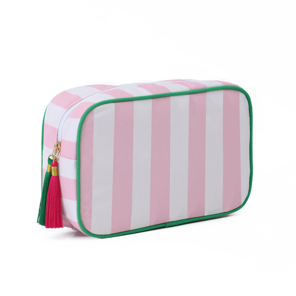 EMBRUNIOICE stripe makeup bag front view shows spacious interior for daily cosmetics.