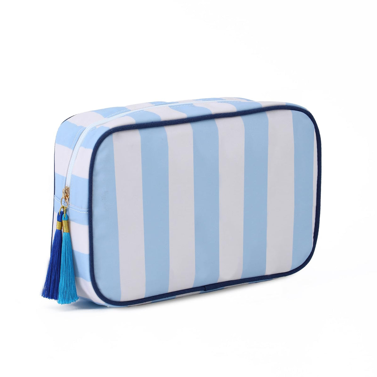 EMBRUNIOICE stripe makeup bag front view shows ample interior for daily cosmetics.